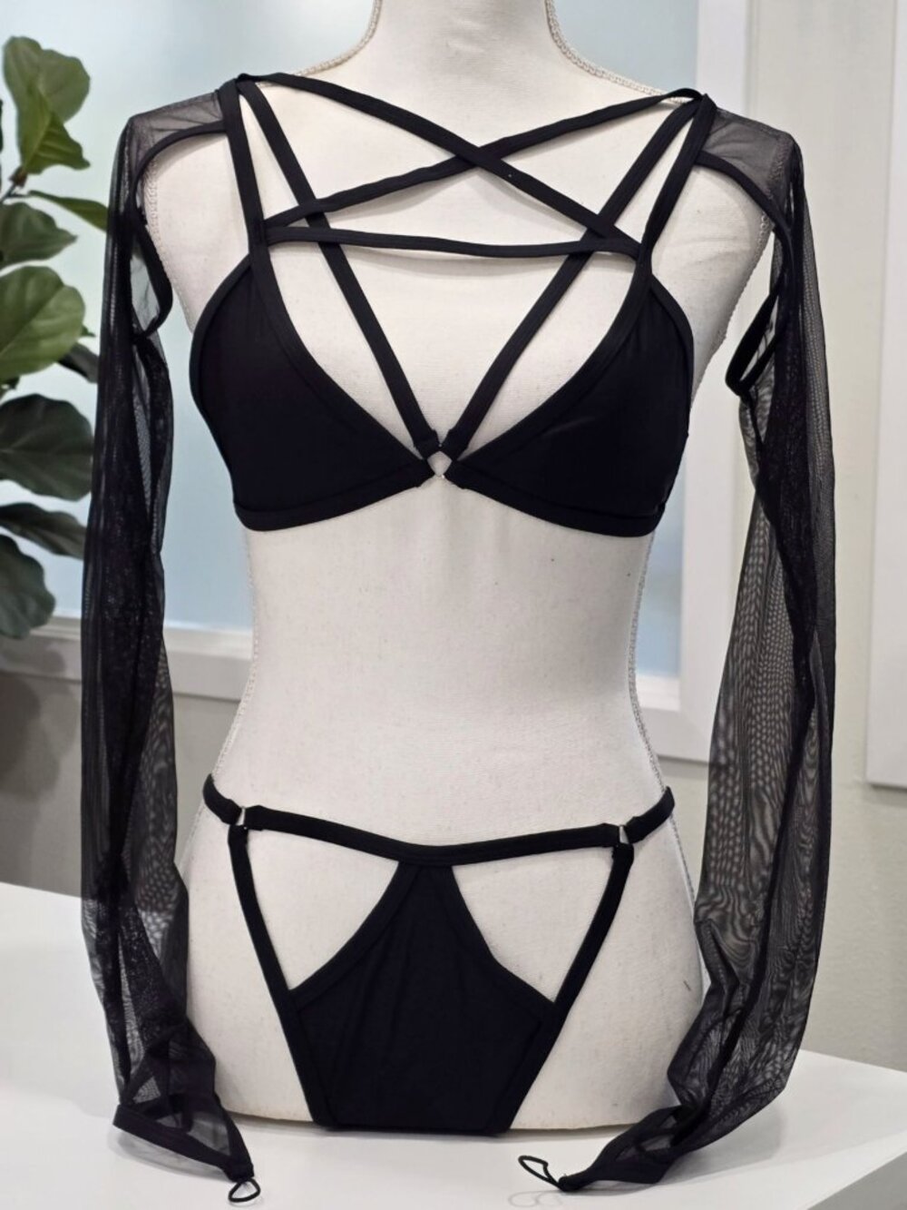 Widow ✦ Pentagram Long Mesh Sleeve Bikini Set ✦ Black Strappy Gothic Swim M NWT